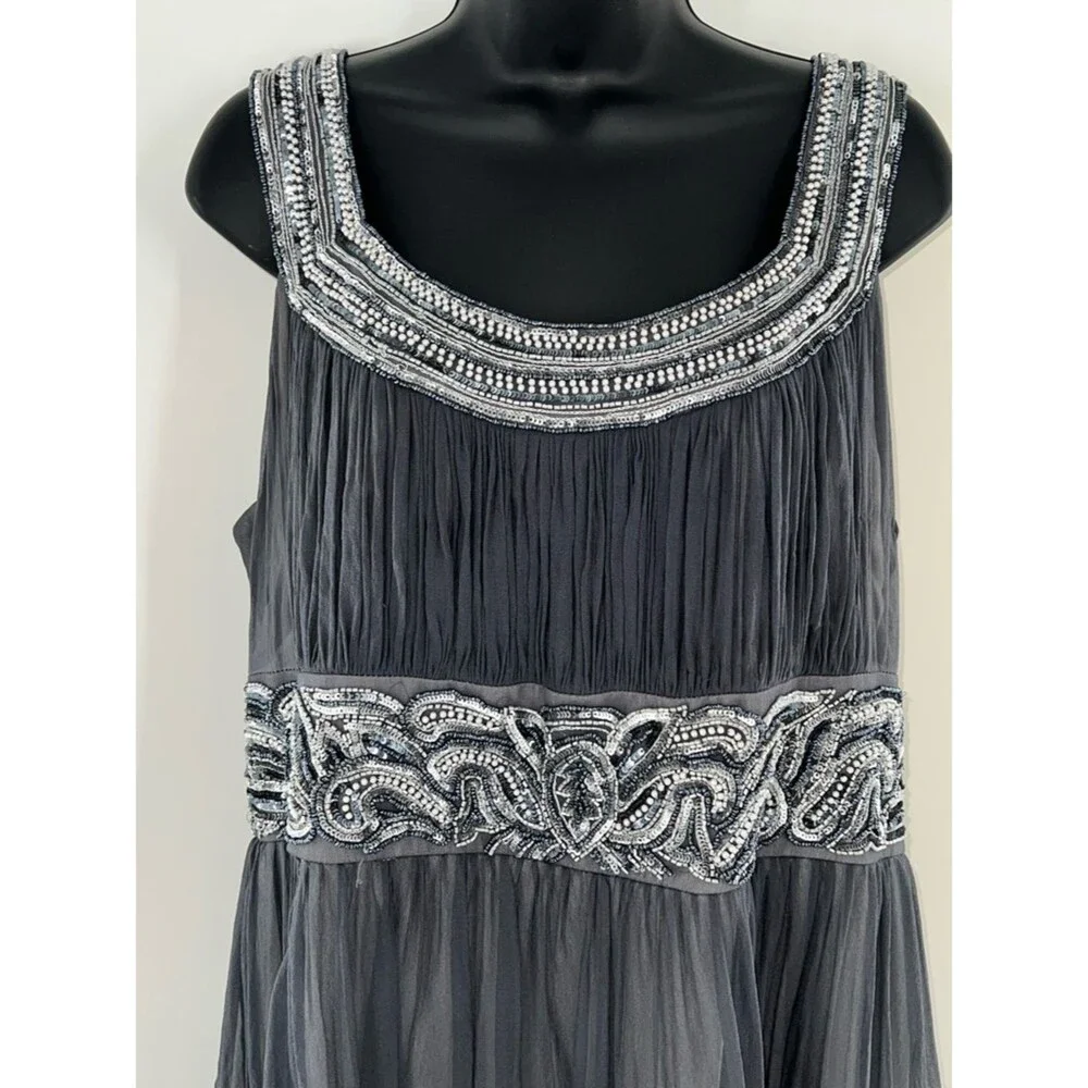 Patra 100% Silk Chiffon Charcoal Gray/Silver Beads/Sequin Detail at Waist/Straps